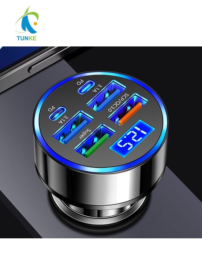 TUNKE 6-in-1 Multi-Port Car Charger with Voltage Detection, 2PD+3USB+QC3.0 Fast Charge Cigarette Lighter Plug Adapter Compatible with iPhone,Android,Samsung,iPad Pro and More - Image 1