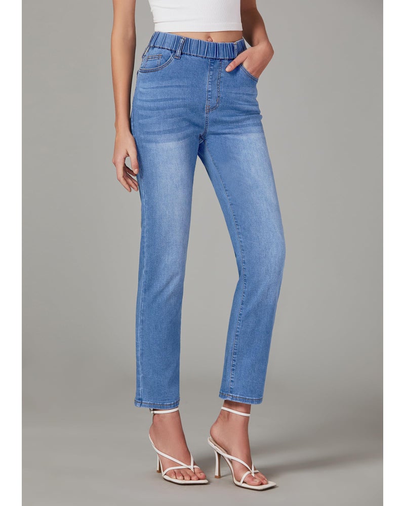 GRAPENT High Waisted Jeans for Women Pants High Waisted Trousers Elastic Waist Jeans Pull On Ankle Pants for Ladies Casual Womens Jean Bottoms Color Offshore Blue Small Size 4 Size 6 - Image 3