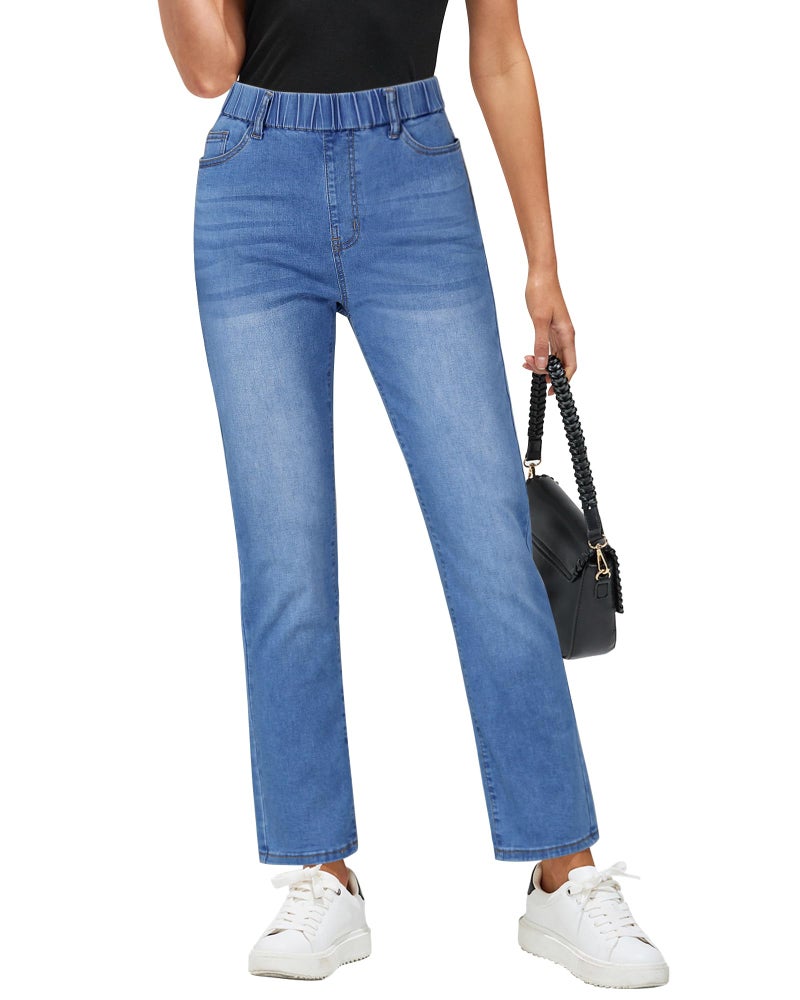 GRAPENT High Waisted Jeans for Women Pants High Waisted Trousers Elastic Waist Jeans Pull On Ankle Pants for Ladies Casual Womens Jean Bottoms Color Offshore Blue Small Size 4 Size 6 - Image 1