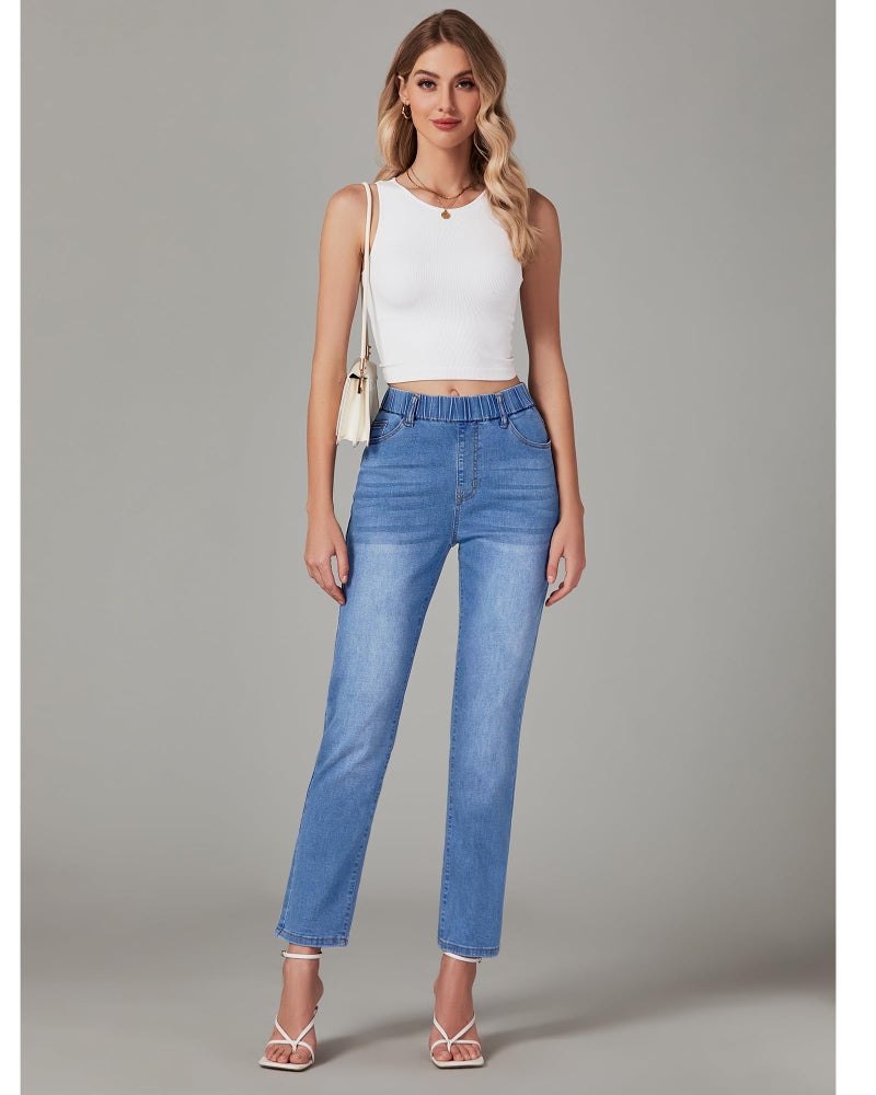 GRAPENT High Waisted Jeans for Women Pants High Waisted Trousers Elastic Waist Jeans Pull On Ankle Pants for Ladies Casual Womens Jean Bottoms Color Offshore Blue Small Size 4 Size 6 - Image 4