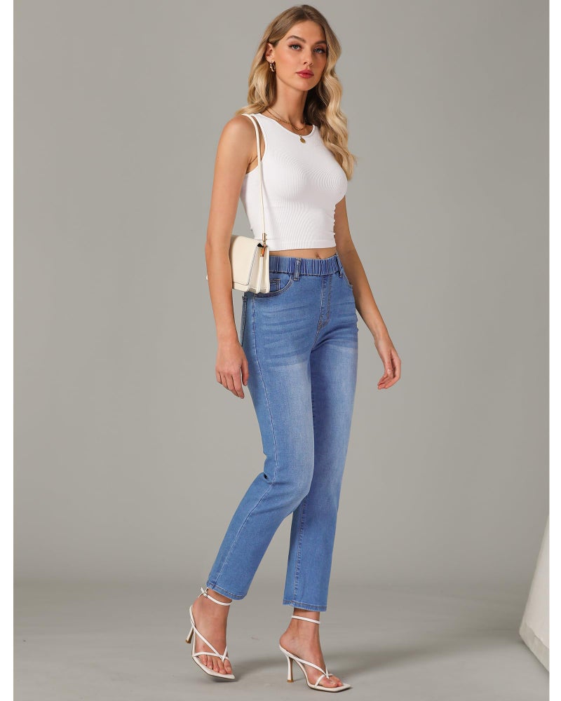 GRAPENT High Waisted Jeans for Women Pants High Waisted Trousers Elastic Waist Jeans Pull On Ankle Pants for Ladies Casual Womens Jean Bottoms Color Offshore Blue Small Size 4 Size 6 - Image 5