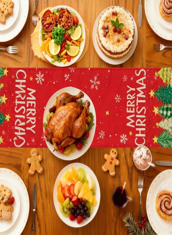 yeabwps Christmas Red Table Runner 13x72 Inch Xmas Trees Snowflakes Winter Decorative Kitchen Dinning Table Decoration for Indoor Outdoor Dinner Party Decor - Image 3