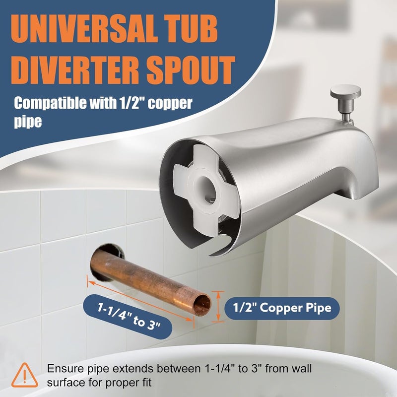 TEVIORA Tub Spout with Pull Down Diverter – Slip-Fit Bathtub Faucet Spout Replacement, 1/2” Copper Pipe Connection, Easy Installation, Universal for Bathroom Shower (Brushed Nickel) - Image 3
