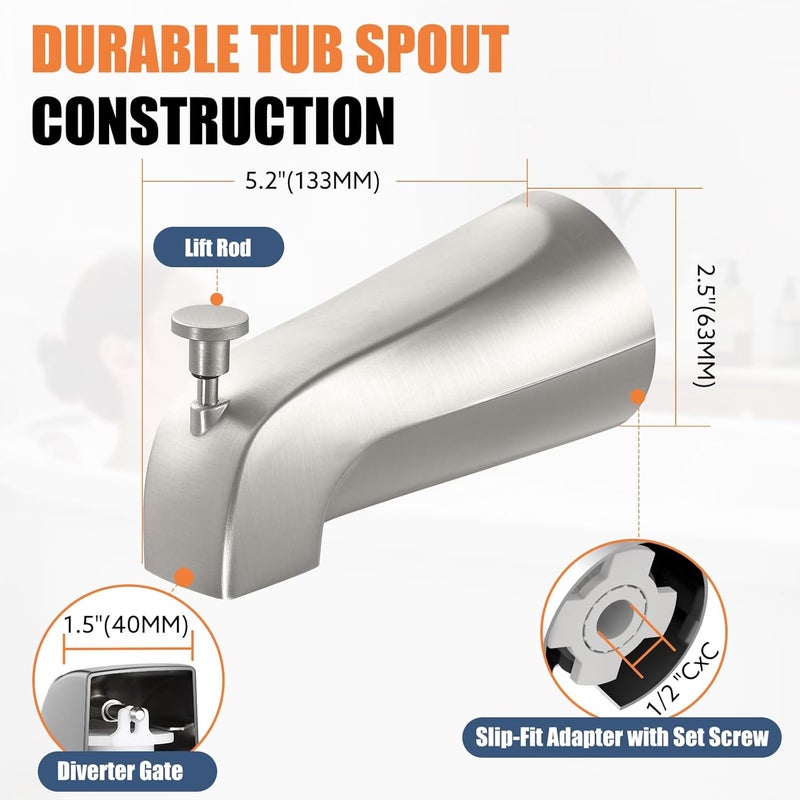 TEVIORA Tub Spout with Pull Down Diverter – Slip-Fit Bathtub Faucet Spout Replacement, 1/2” Copper Pipe Connection, Easy Installation, Universal for Bathroom Shower (Brushed Nickel) - Image 5