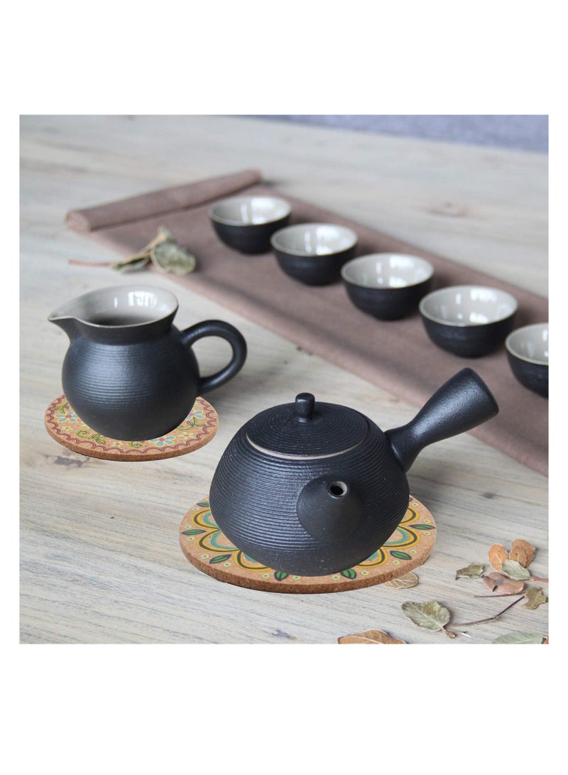 Natural Cork Coasters Set of 8 - Heat-Resistant & Absorbent Drink Mats with 4 Stylish Designs & 2 Organza Bags, Perfect for All Cup Sizes, 4 Inches  - Image 2