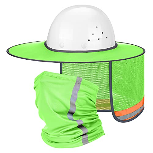 SATINIOR 2 Pcs Sun Hard Hat Neck Protection High Visibility Full Brim Mesh Sun Protection and Neck Gaiter Bandana Face Scarf for Construction Helmet Hard Hat Accessories, Reflective(Green) - Image 1