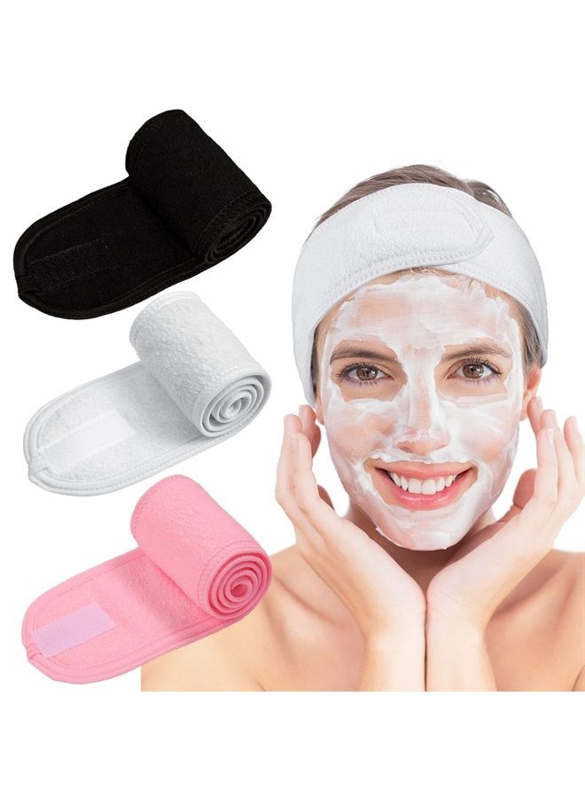Whaline Spa Facial Headband Make Up Wrap Head Terry Cloth Headband Adjustable Towel for Face Washing, Shower, 3 Pieces (White, Black, Pink) - Image 1