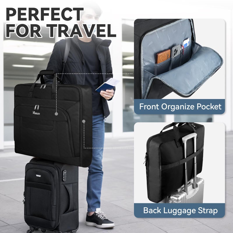 Mancro Garment Bags for Travel, Large Travel Suit Bag for Men Women with Shoulder Strap, Wrinkle Free Carry On Garment Bags for Hanging Clothes, Business Foldable Hanging Luggage Bag for Travel, Black - Image 4