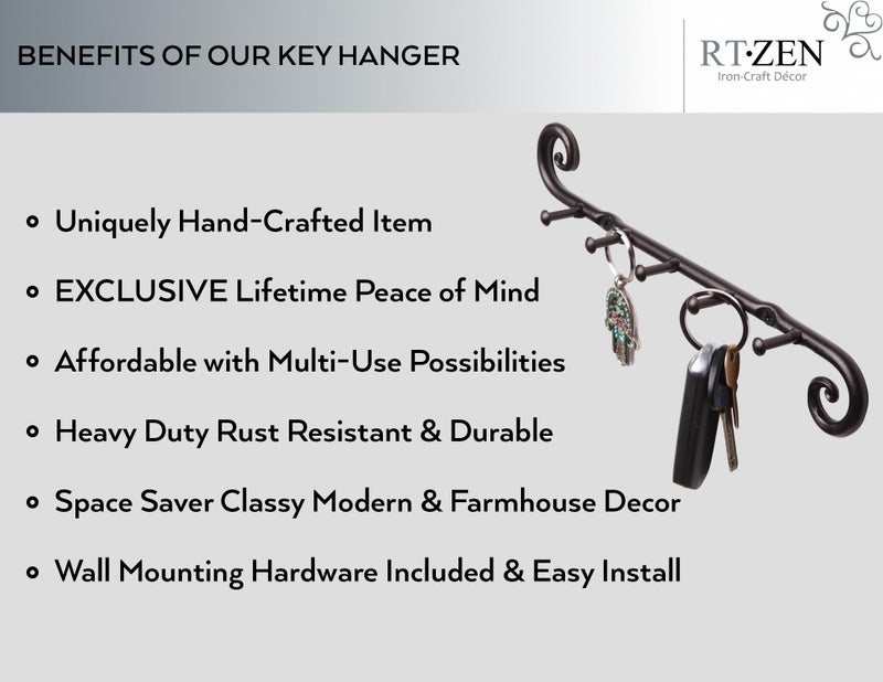 RTZEN Farmhouse Small Key Holder for Wall - Handcrafted Swirl Decorative 5 Key Hooks for Home Entryway - Wrought Iron Wall Mount Rack Purse Coat and Leash Holder or Organizer (Classic Black) - Image 2