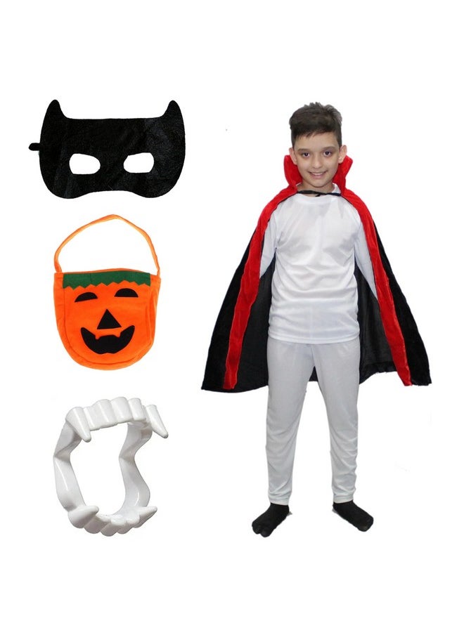 Kaku Fancy Dresses - Kaku Fancy Dresses Polyester Halloween Dracula Robe, Teeth, Eyepatch, Pumkin Candy Basket For Kid Costume Set| Halloween Dress For Boys& Girls| Roleplay, Cosplay & Carnival- 14-17 Years, White & Black - Image 1