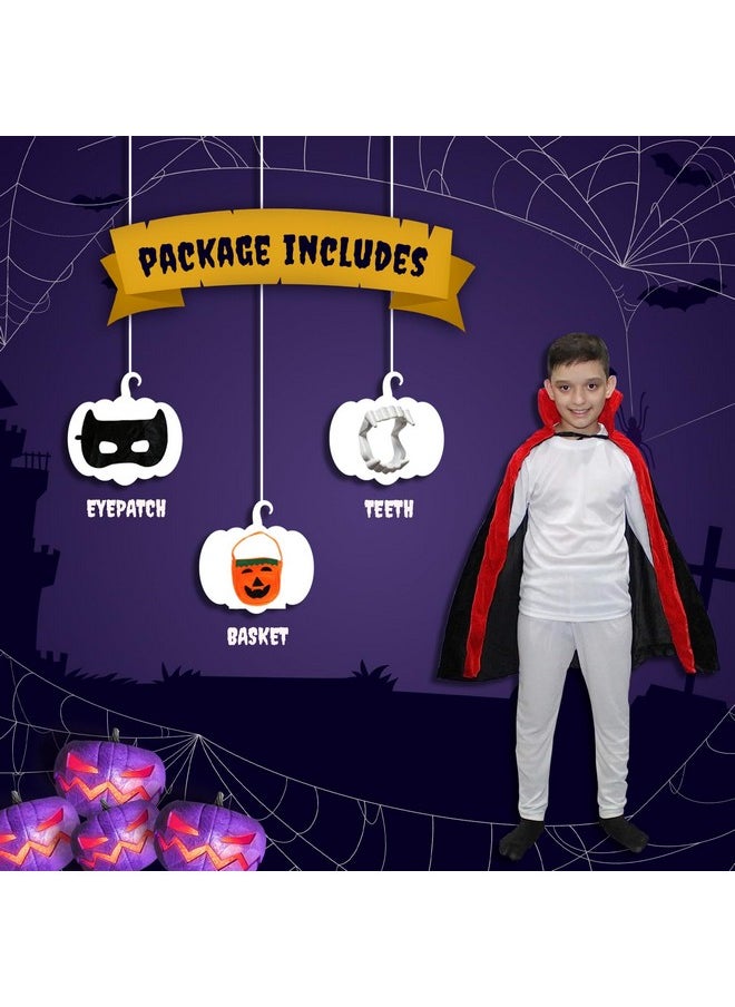 Kaku Fancy Dresses - Kaku Fancy Dresses Polyester Halloween Dracula Robe, Teeth, Eyepatch, Pumkin Candy Basket For Kid Costume Set| Halloween Dress For Boys& Girls| Roleplay, Cosplay & Carnival- 14-17 Years, White & Black - Image 1