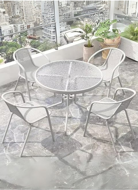 Kustom Deco 5-Piece Outdoor Bistro Set, Glass Top Round Table with 2 Black Mesh Chairs, Patio Furniture for Balcony Grey