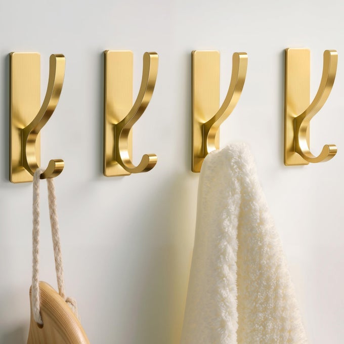 ADHESIVE WALL HOOKS FOR TOWELS STICKY HOOK HANGING HEAVY DUTY 13LB HANGER FOR DOOR BATHROOM DORM CLOSET FOR COATS PURSE BAG ROBE NO DAMAGE TO WALL GOLD 4 PACK