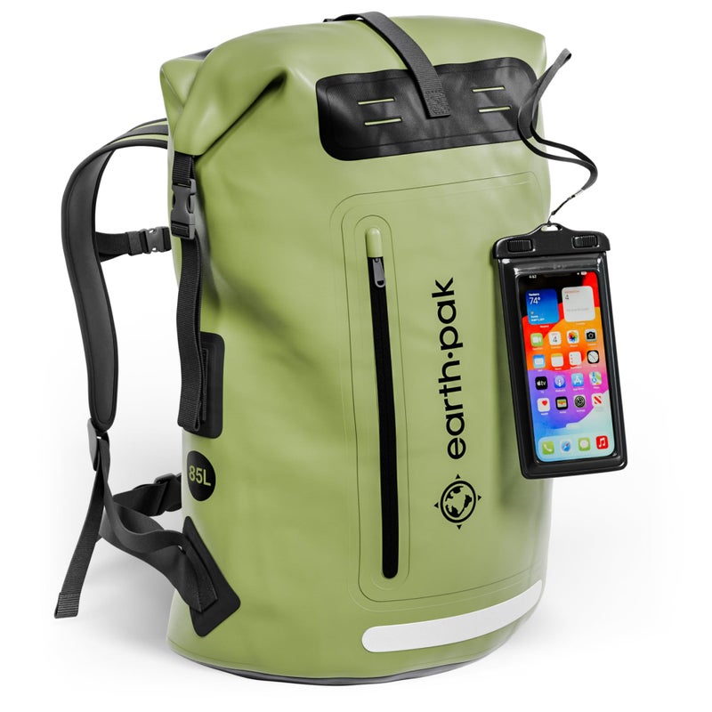 Earth Pak Waterproof Backpack - Heavy Duty Hiking Backpack - Roll-Top Closure - Waterproof Bag - Cushioned Dry Bags Waterproof w/ IPX8 Waterproof Phone Case - Wet Bag for Hiking, Kayak(Green, 85L) - Image 1