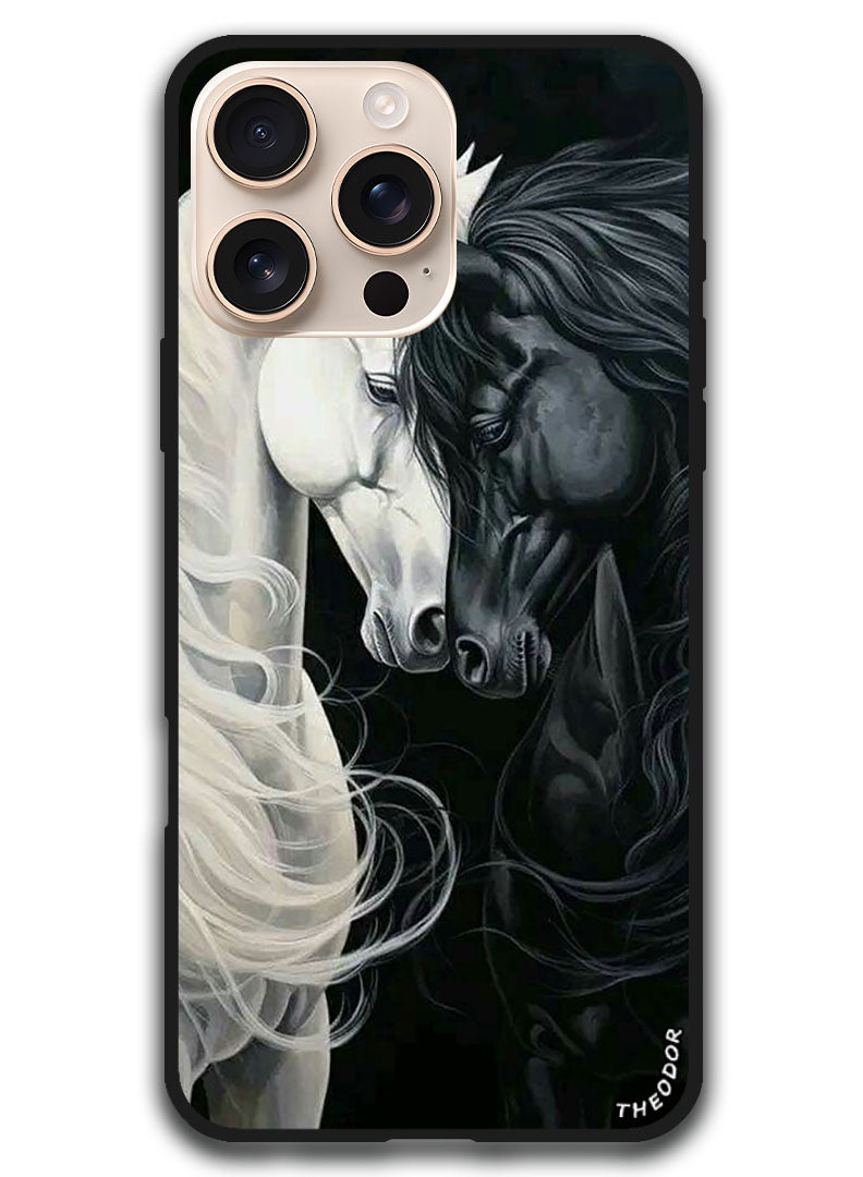 Theodor Protective Case Anti Scratch Shock Proof Bumper Cover For iPhone 16 Pro (6.3)-inch Black and White Horse - Image 1