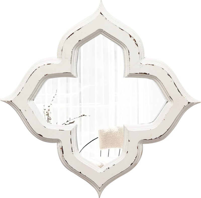 Sintosin Hanging Antique Small Wall Mirrors Decorative 9.6 inch, Distressed White Sculpted Wood Mirror Farmhouse Home Decor, Shabby Chic Lucky Four-Leaf Clover Mirror Wall Decor for Living Room - Image 1