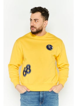 Men Crew Neck Embroidered Long Sleeves Sweatshirt, Yellow