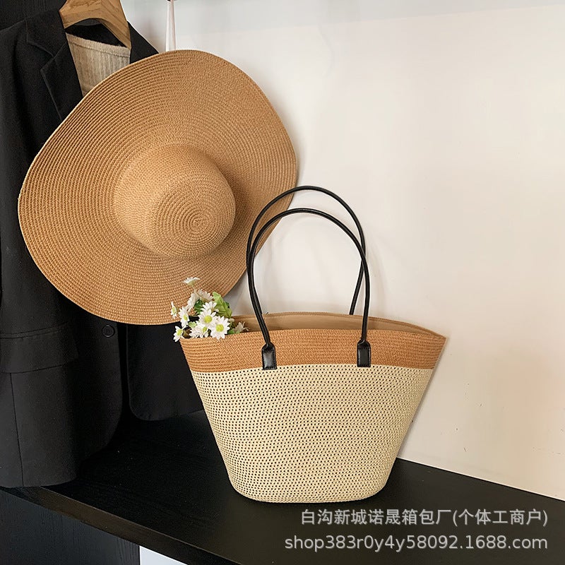 Large Capacity Casual Woven Holiday Beach Bag Fashionable Striped Shoulder Tote Bag Straw Woven Bag - Image 1
