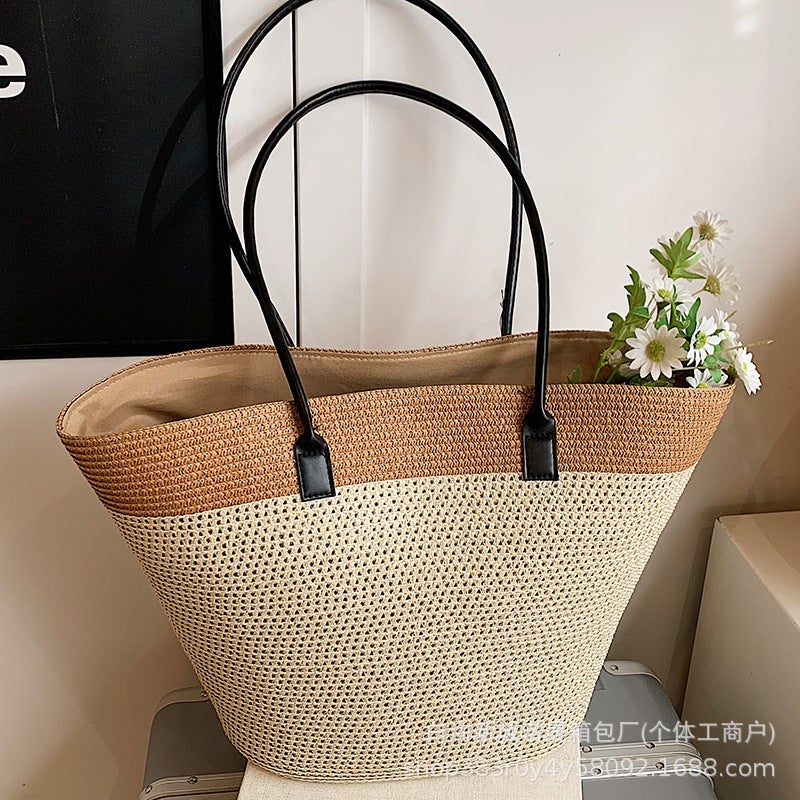 Large Capacity Casual Woven Holiday Beach Bag Fashionable Striped Shoulder Tote Bag Straw Woven Bag - Image 3