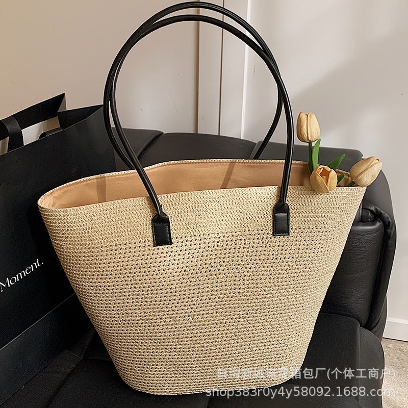 Large Capacity Casual Woven Holiday Beach Bag Fashionable Striped Shoulder Tote Bag Straw Woven Bag - Image 5