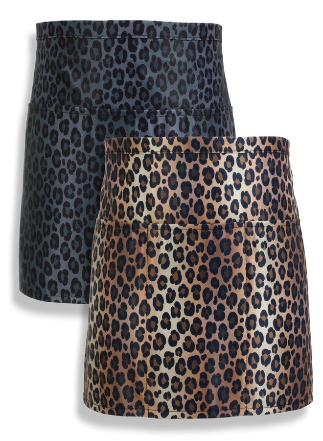 Plum Hill Cheetah Leopard Cute Waitress Apron with Pockets for Teachers, Aprons 2-pack for Waiters, 3 Pockets Half Waist, Restaurant Coffee Shop Vendor - Image 1