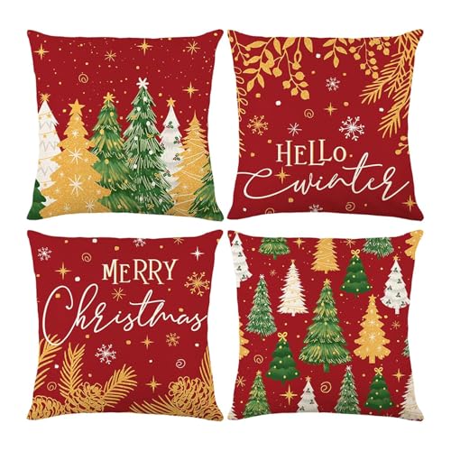 ONFAON Christmas Decorations Christmas Pillow Covers 18 x 18 Inches Set of 4Xmas Tree Throw Pillow Cases Winter Holiday Decor for Sofa Living Room - Image 1