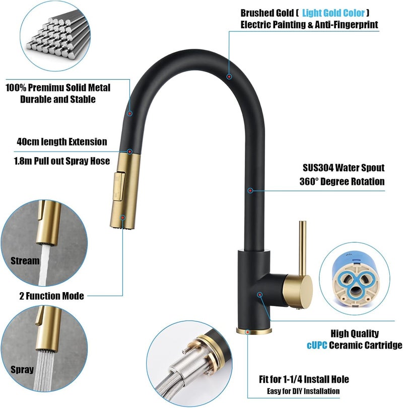 havin Gold and Black Kitchen Faucet with Pull Down Sprayer, High Arc Stainless Steel Material, with cUPC Ceramic Cartridge,Without Deck Plate,Fit for 1 Hole Kitchen Sink or Laundry Sink SS501GB - Image 4