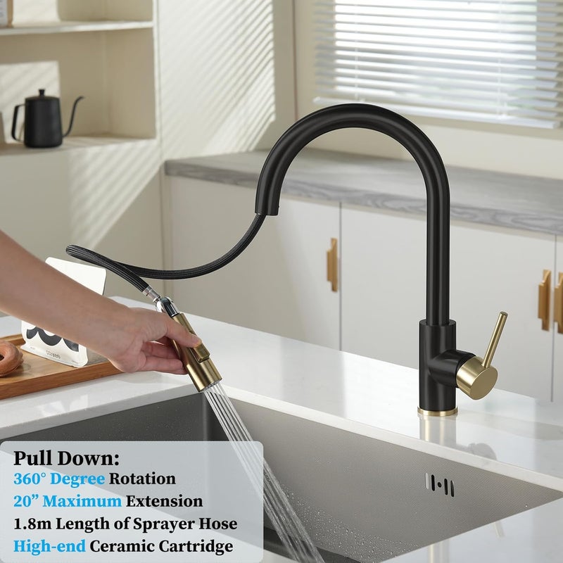 havin Gold and Black Kitchen Faucet with Pull Down Sprayer, High Arc Stainless Steel Material, with cUPC Ceramic Cartridge,Without Deck Plate,Fit for 1 Hole Kitchen Sink or Laundry Sink SS501GB - Image 3