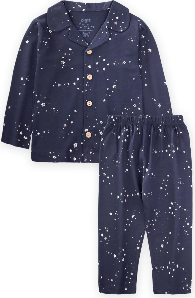 Cigit Cigit Star Patterned Pajama Set 1-8 Years Old Navy Blue