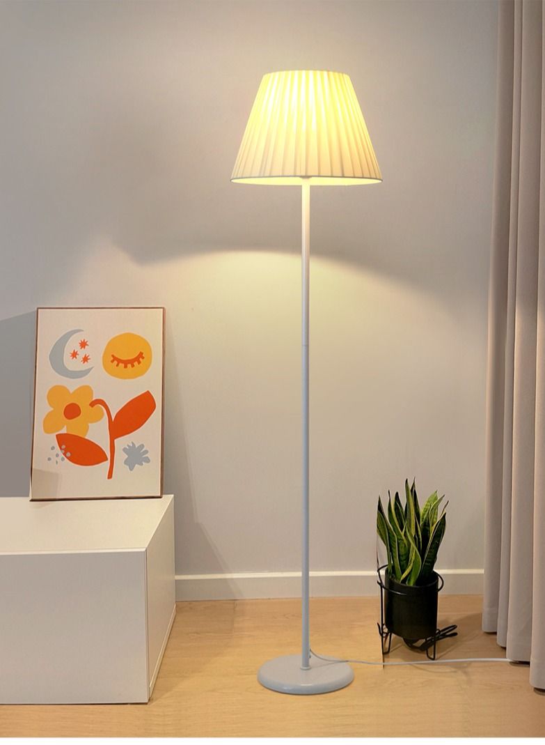 HOMESTAR مصباح أرضي عمودي أبيض بتصميم بسيط طويل مع ظل لمبة LED 3 ألوان سطوع دافئ للعمل لغرفة المعيشة والسرير مزيج أبيض من الأقمشة - Image 2