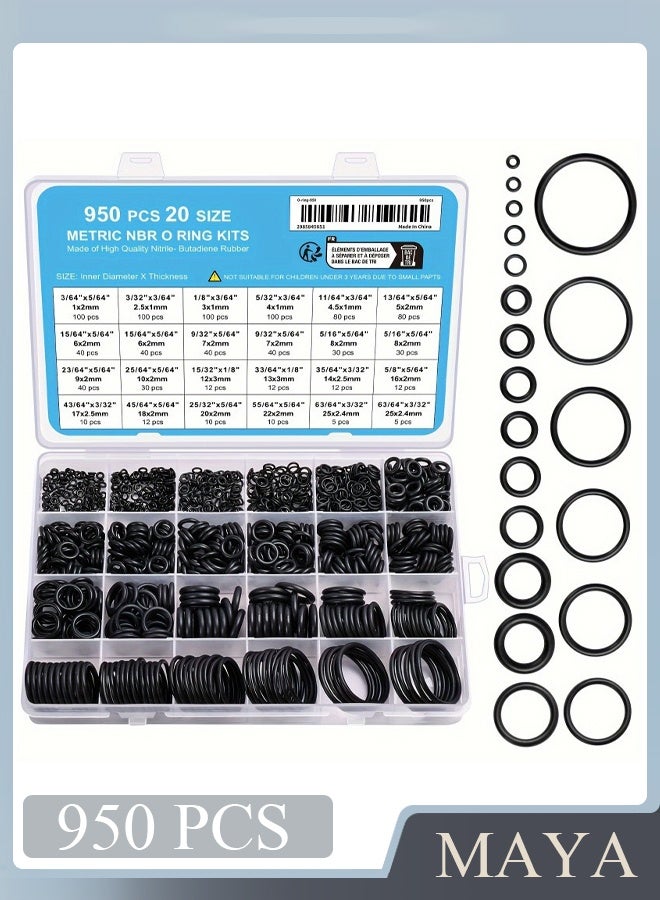950 Pcs Black Small Rubber O-Ring Assortment Kit Assorted Metric Sealing Washer for Automobiles Plumbing Faucet Water Air or Gas Repair 20 Size - Image 1