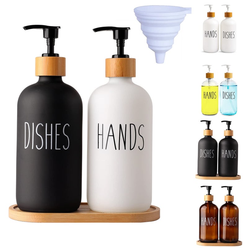 LOOCHICA Dish White Glass Soap Dispenser with Plastic Pump, 16 Oz White Dish Soap Dispenser Set Refillable Reusable Apothecary Soap Pump Dispenser Bottles for Bathroom and Kitchen - Image 1