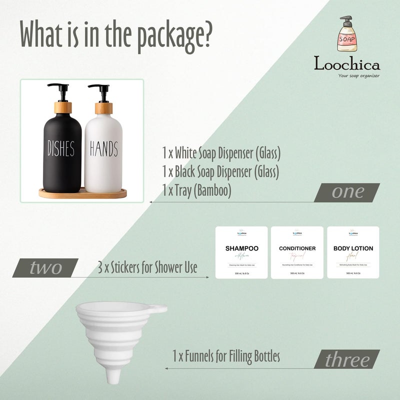 LOOCHICA Dish White Glass Soap Dispenser with Plastic Pump, 16 Oz White Dish Soap Dispenser Set Refillable Reusable Apothecary Soap Pump Dispenser Bottles for Bathroom and Kitchen - Image 2