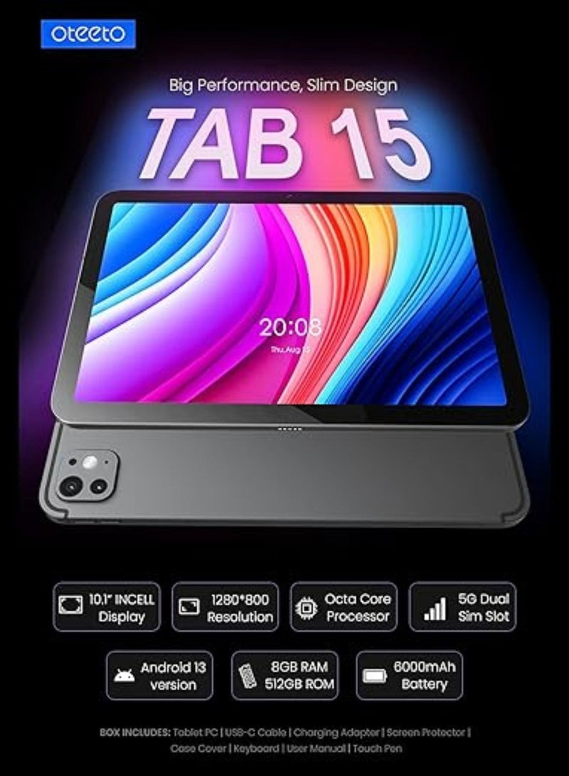 Oteeto TAB 15 Tablet/10.1 Inch/4G SIM/Premium Design/iOS Style Operating System/5G Dual SIM/Octa Core Processor/Included Flip Cover and Keyboard/8GB RAM + 512 GB ROM/Android 13/6000 mAh/8MP Front + 13 MP Rear Camera - Image 2