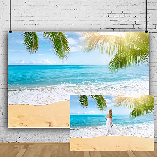 Leowefowa 3x2m Sea Beach Backdrop Seaside Sand Beach Sea Wave Tropical Palm Leaf Photography Backdrops for Photo Shoots Holiday Party Adult Personal Portrait Photo Background Studio Props - Image 1