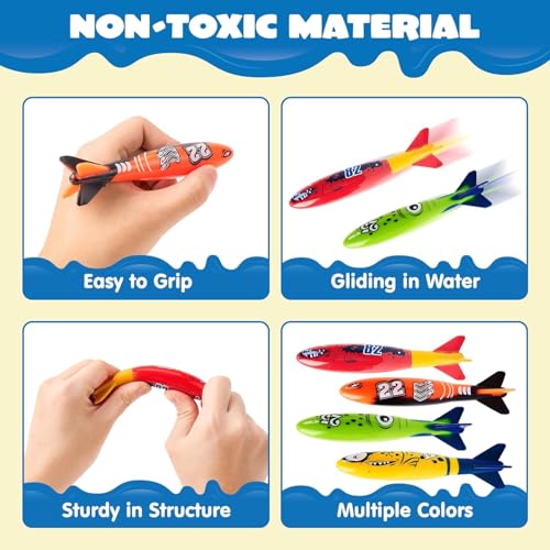 INIMAGINE 4 Pcspool Toys, Beach Toys,for Kids – Colorful Sinkable Torpedo for Pool Dive Training, Family-Friendly Water Sports Accessories - Image 2