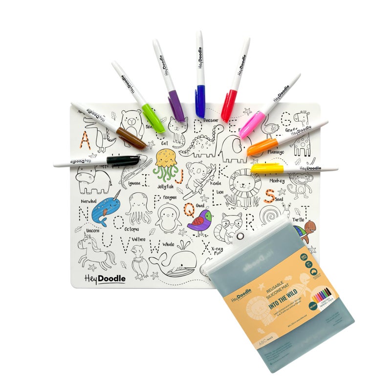 HeyDoodle Into The Wild Classic Doodle Mat Reusable Silicone Alphabet Coloring Mat for Toddlers and Kids Educational Animal Activity Pad with 9 Markers MessFree Travel Toy Ages 37 - Image 2
