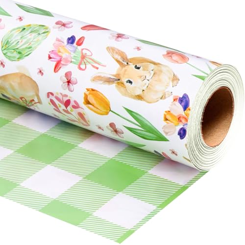 Yarcony Easter Wrapping Paper Roll, Elegant Easter Bunny, Egg Floral, Plaid Design Spring Gift Wrap for Baby Shower, Birthday, Celebrations, Christmas (Mini Roll, 17 Inch X 33 Feet) - Image 1
