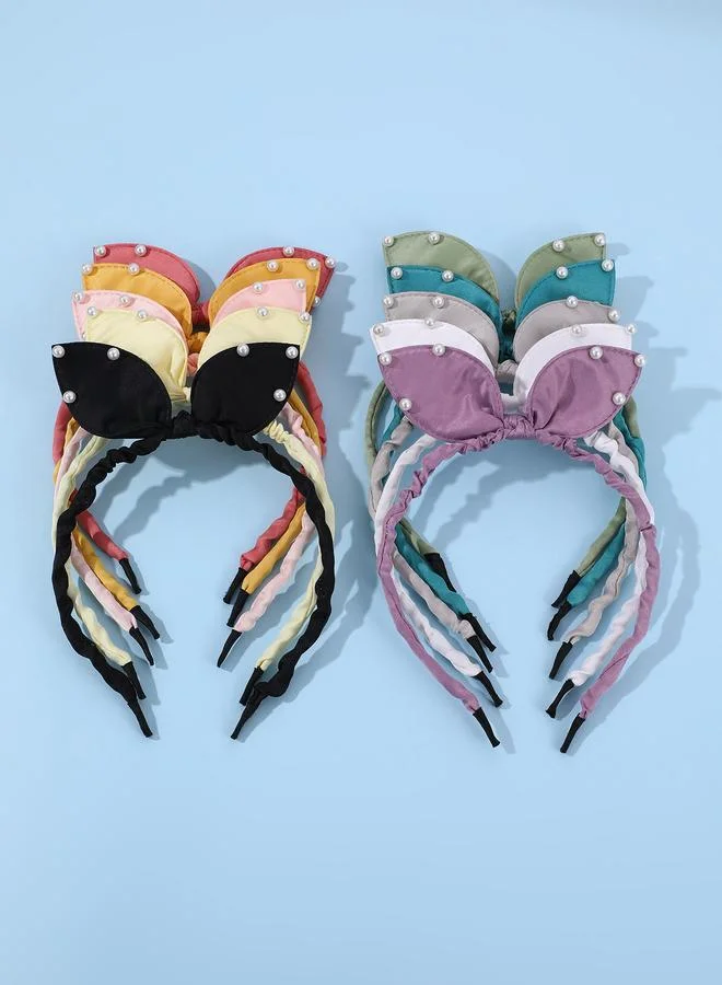تايك تو Pack of 10 - Girls pearl Embellished Ruched Bow Headbands