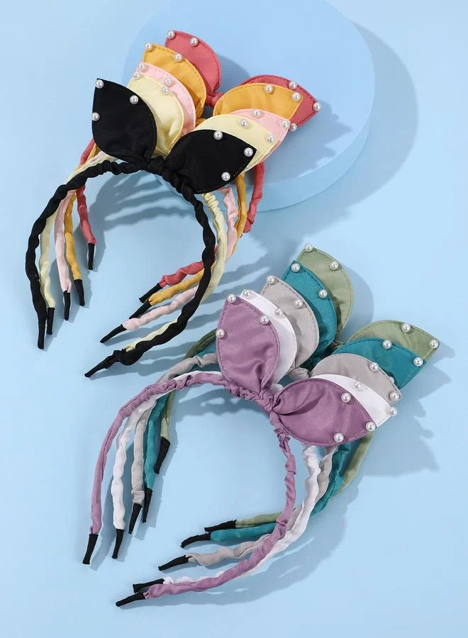 تايك تو Pack of 10 - Girls pearl Embellished Ruched Bow Headbands