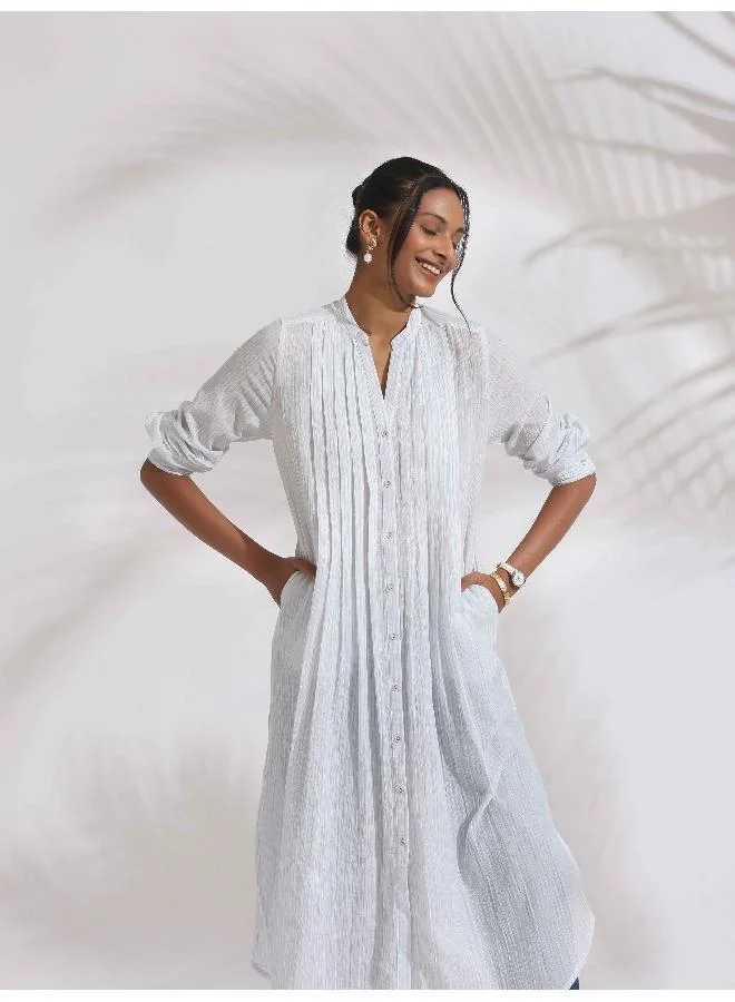 ترو برونز trueBrowns White Cotton Stripe Pleated Shirt Kurta Set