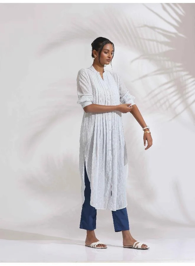 ترو برونز trueBrowns White Cotton Stripe Pleated Shirt Kurta Set