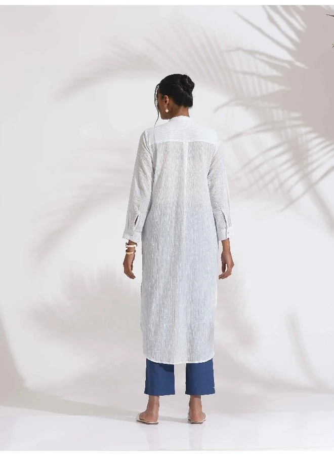 ترو برونز trueBrowns White Cotton Stripe Pleated Shirt Kurta Set