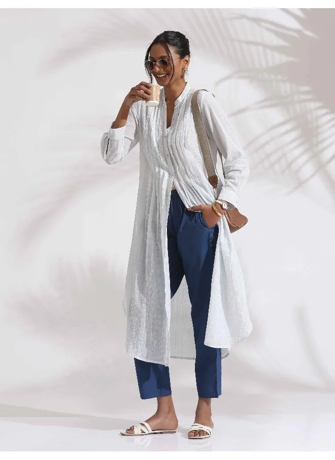 ترو برونز trueBrowns White Cotton Stripe Pleated Shirt Kurta Set