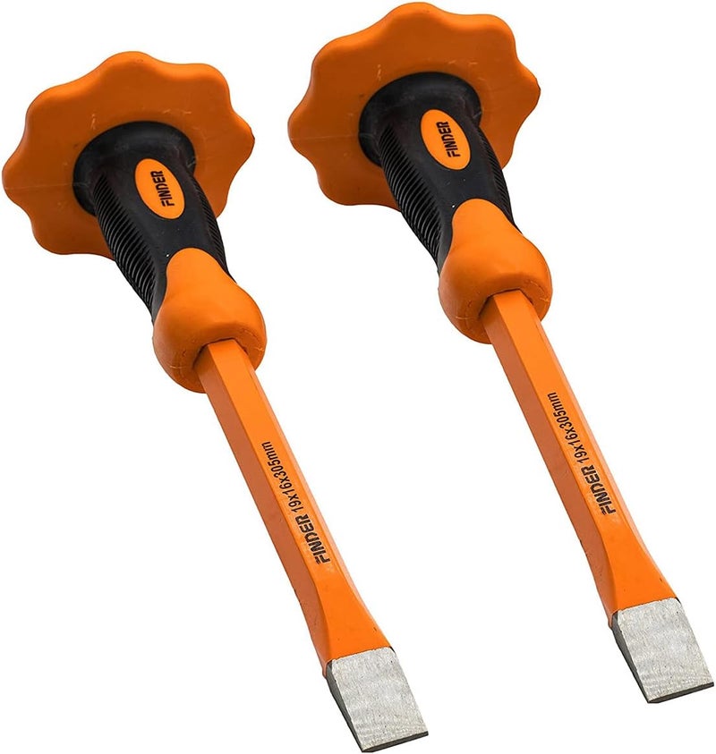 FINDER 2PCS 12 Inch Heavy Duty Mason Chisel with Hand Guard, 2 PCS Flat End Chisels, Rock Concrete Mortar Stone Chisel for Demolishing Carving Scaling Breaking Hounding - Image 1