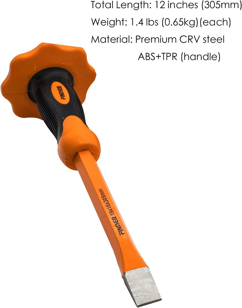 FINDER 2PCS 12 Inch Heavy Duty Mason Chisel with Hand Guard, 2 PCS Flat End Chisels, Rock Concrete Mortar Stone Chisel for Demolishing Carving Scaling Breaking Hounding - Image 4