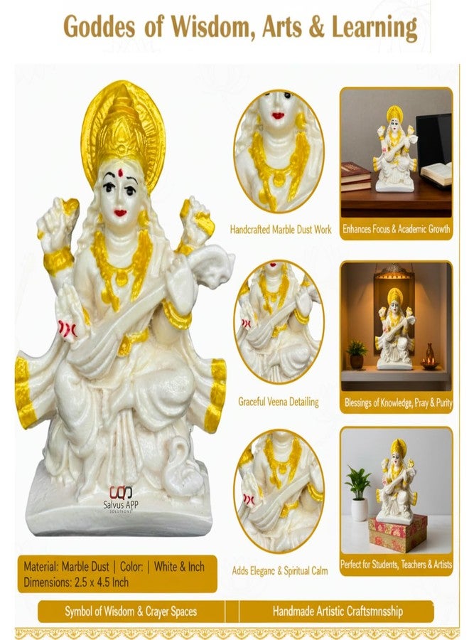 Salvus APP SOLUTIONS Marble Dust Maa Saraswati Idol - Goddess Saraswati Statue for Home Decor, Devi Maa Saraswati Murti (White & Golden_2.5x4.5 Inch) - Image 4