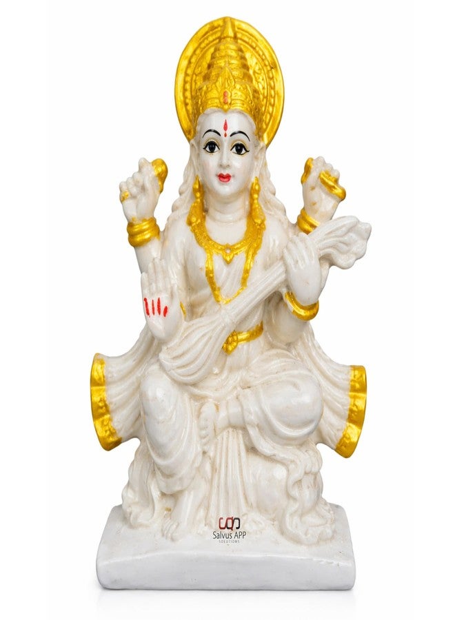 Salvus APP SOLUTIONS Marble Dust Maa Saraswati Idol - Goddess Saraswati Statue for Home Decor, Devi Maa Saraswati Murti (White & Golden_2.5x4.5 Inch) - Image 1