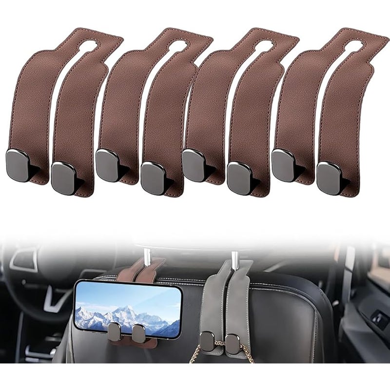Headrest Hooks for Car, 2026 New Leather Headrest Hooks for Car, Multifunctional Double Hook Holder for Convenient Storage, Auto Hooks Organizer for Handbag Purse Coat Bags (Brown,4) - Image 1