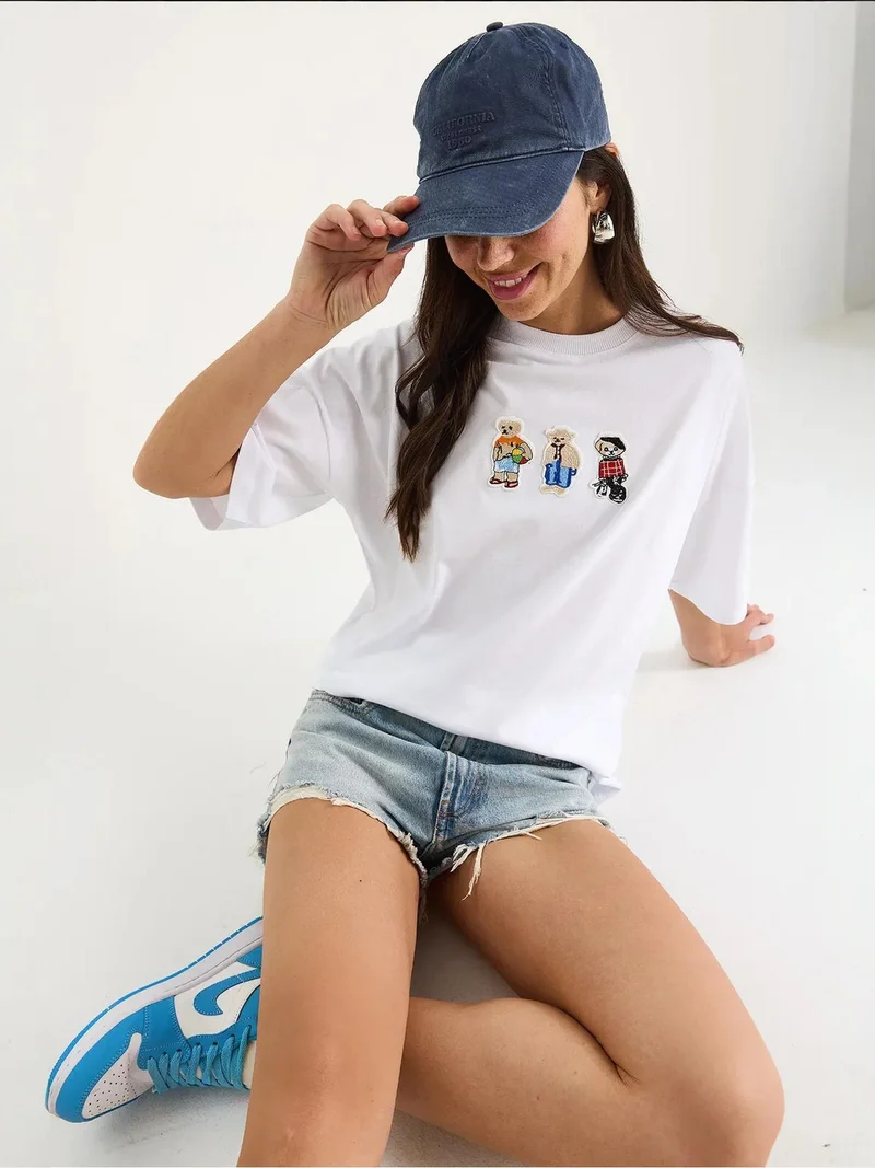 Bianco Lucci LUCCI Embroidered Crew Neck Cotton T-Shirt